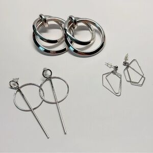 Stylish Silver Hoop and Geometric Earrings Set